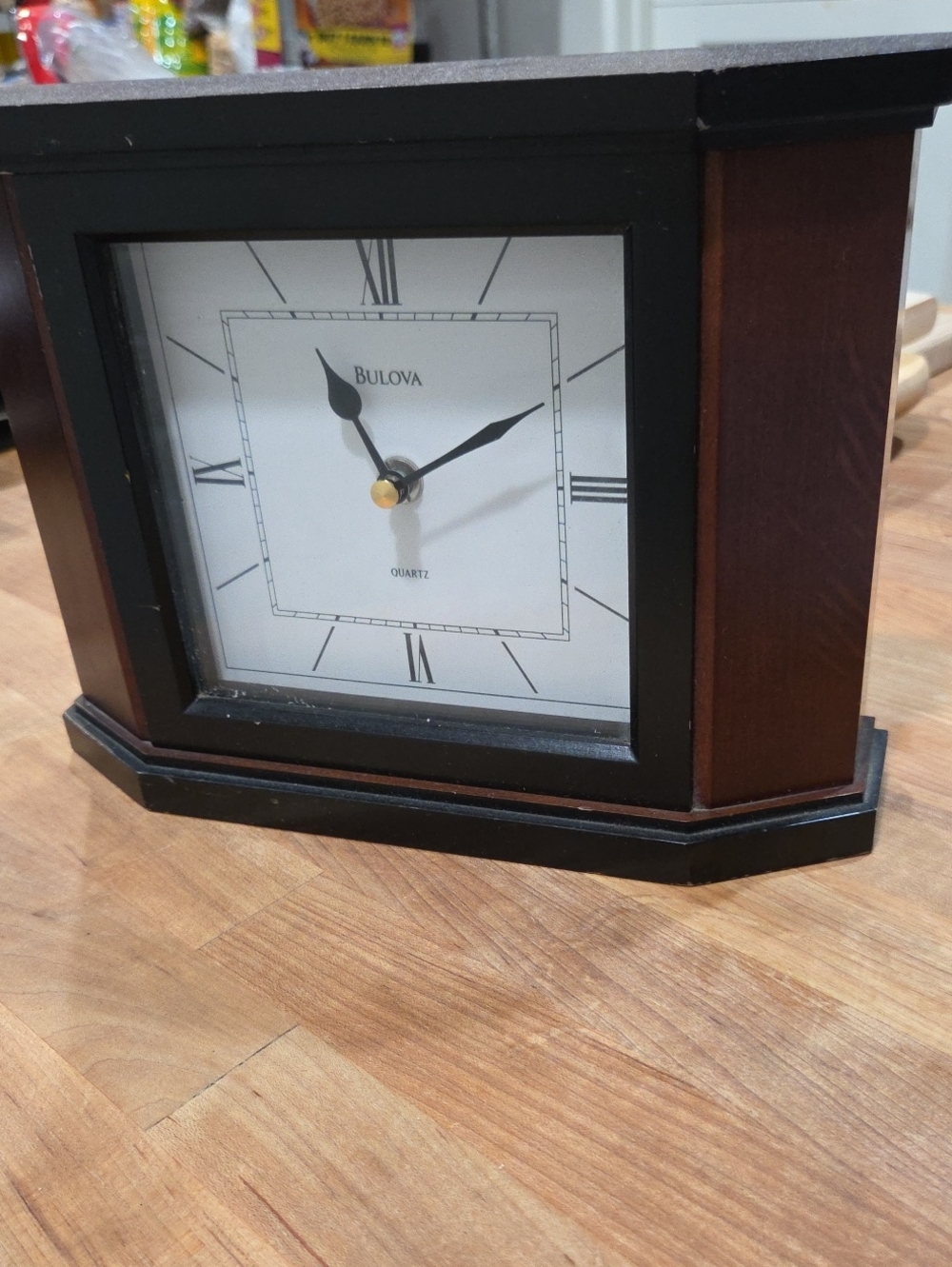 Bulova Black and Brown Wooden Mantel Clock with White Dial
